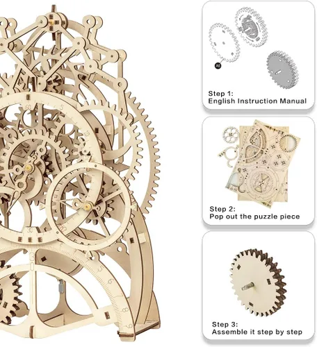 Vista 3 de ROKR Rompecabezas de reloj de péndulo mecánico de madera 3D, juego de construcción de juguetes de engranajes mecánicos, suministros de kit