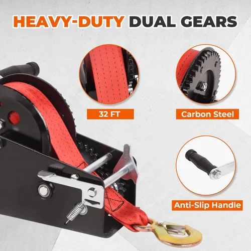 Vista 3 de Doppy Cabrestante de remolque de barco de 3500 libras, cabrestante manual gancho resistente con correa roja de 32 pies, relación de engranaje: 4