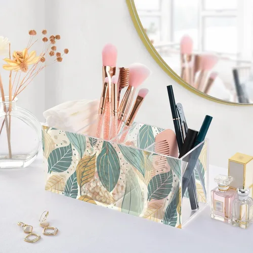 Vista 5 de CHIFIGNO Boho Style Leaves Pen Pencil Holder for Desk, Decorative Pen Holders 4 Compartments, Makeup Brush Cup Acrylic Desk Organizer for Office