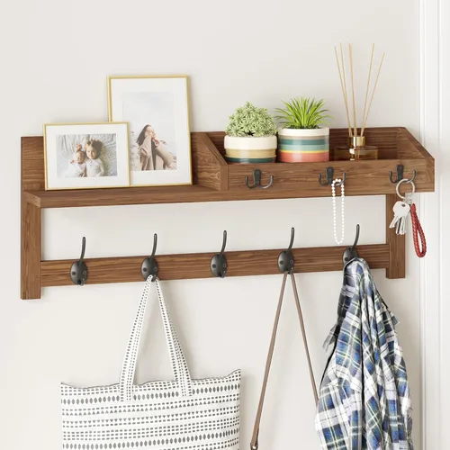 Vista 10 de AMBIRD Ganchos de pared con estante, ganchos de abrigo de madera para entrada de 26.57 pulgadas para pared, perchero de pared montado en pared con 5