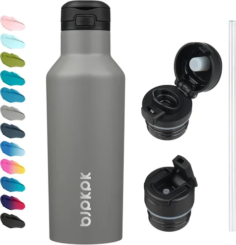 Vista 27 de BJPKPK Botella de agua aislada con pajilla, botellas de agua de acero inoxidable de 25 onzas con 2 tapas y asa de transporte, botella térmica