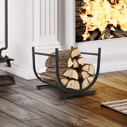 Vista 2 de MyGift Estante industrial para leña – Soporte de tronco independiente de metal negro mate en forma de U – Almacenamiento compacto para chimenea