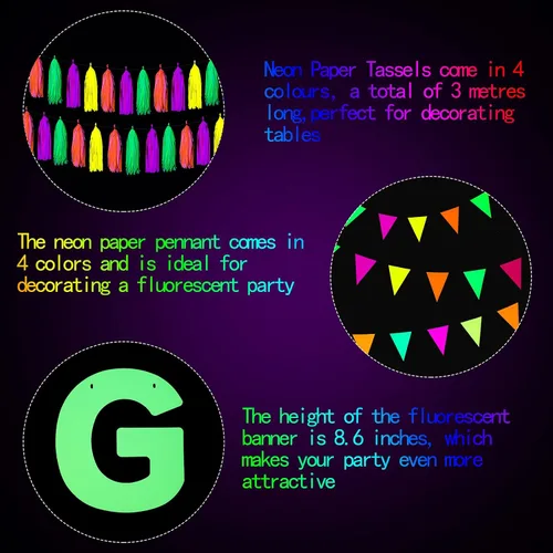 Vista 3 de Outus Suministros de fiesta de neón que incluyen pancarta Let's Glow, 20 borlas de papel neón y bandera triangular de neón que brilla