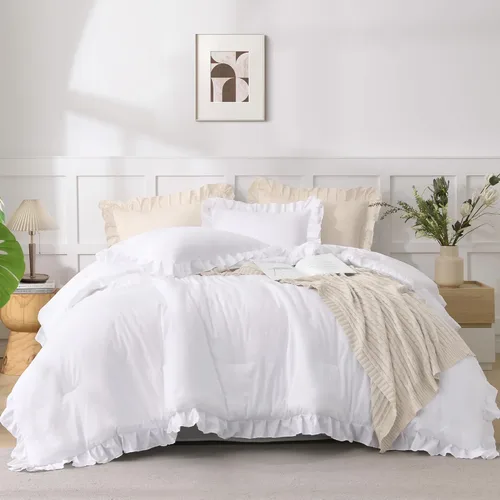 Vista 131 de Andency - Edredón beige con volantes tamaño individual, de 2 piezas, estilo rústico shabby clásico para niños, ligero y suave de microfibra