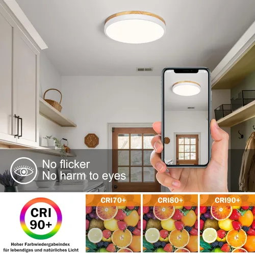 Vista 4 de Vikaey Moderna lámpara de techo LED de madera, simple lámpara de techo blanca empotrada, accesorios de iluminación de techo redondos