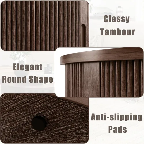 Vista 16 de LINSY HOME Mesa auxiliar redonda, mesa de centro de tambor de 31.5 pulgadas con puerta corrediza de tambor, mesa central acanalada con Roble