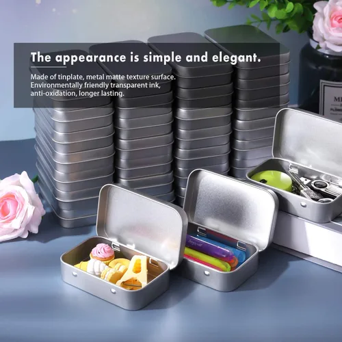 Vista 3 de Metal Rectangular Empty Hinged Tins - Pack of 40 Silver Mini Portable Box Small Storage Kit & Home Organizer with lids craft containers