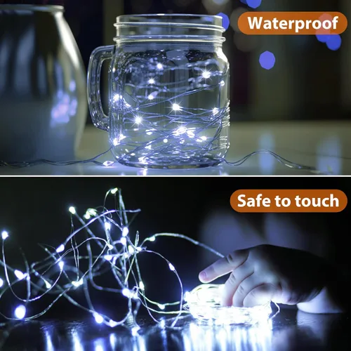Vista 3 de litogo Paquete de 16 luces de hadas que funcionan con pilas, 2,1 metros, 20 luces LED, con alambre plateado impermeable, para tarros Mason