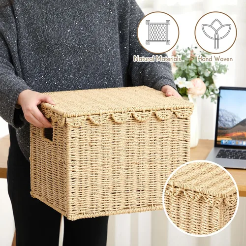 Vista 8 de Jingmore Caja organizadora de archivos con tapa festoneada, cuerda de papel Marrón