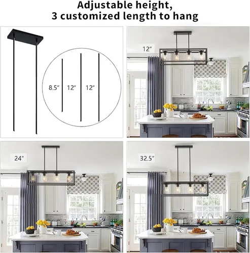 Vista 3 de Espird Lámpara de comedor de granja – Iluminación de isla de cocina de 4 luces con altura ajustable y metal grueso para comedor sobre mesa