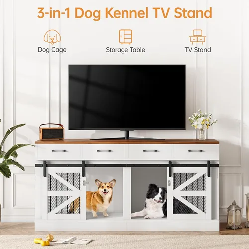 Vista 5 de Mueble de jaula para perros con divisor extraíble y 4 cajones de almacenamiento - Caseta de perro grande de madera de 71" mesa auxiliar