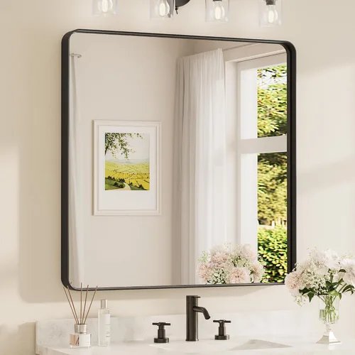 Vista 98 de TETOTE Espejo de marco dorado cepillado de 16 x 24 pulgadas, espejo de tocador de baño de latón dorado para pared, espejo enmarcado rectangular