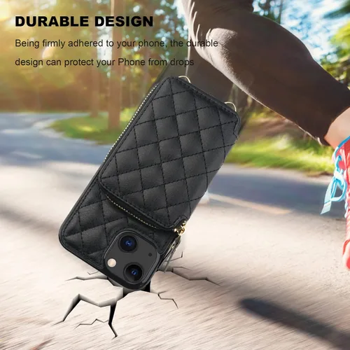 Vista 8 de Bocasal Funda tipo cartera cruzada para iPhone 13, con bloqueo RFID, de piel sintética, con cremallera, funda tipo cartera con función atril y Negro