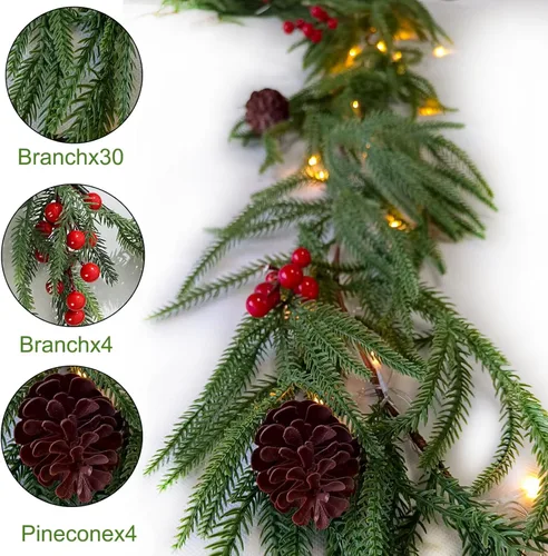 Vista 3 de Guirnalda de Navidad de 6 pies preiluminada con luces - Guirnalda artificial de pino Norfolk - Decoración del hogar para repisa, chimenea, puerta