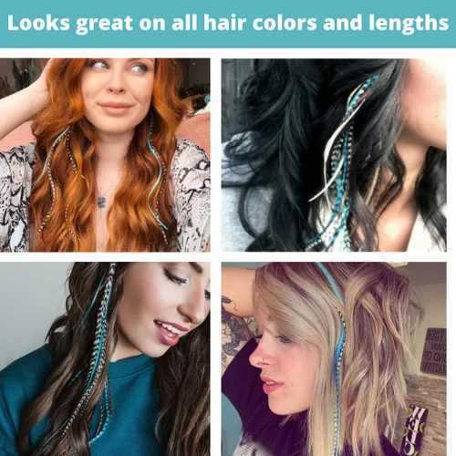 Vista 6 de Kit de extensiones de plumas de cabello, plumas de gallo largas reales para cabello con cuentas de microenlace y herramienta de bucle, turquesa