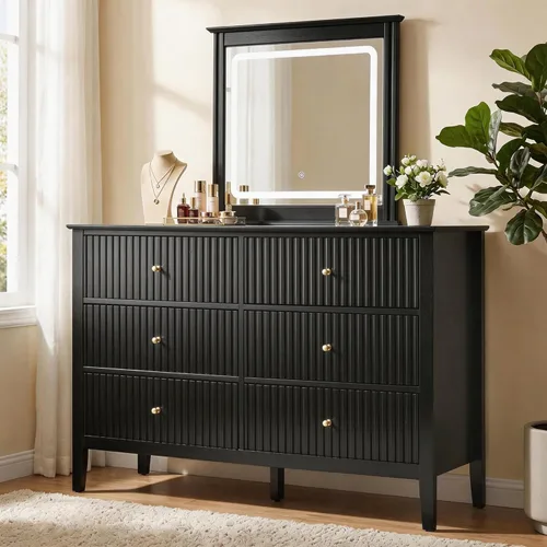 Vista 10 de RoyalCraft Cómoda de 6 cajones con espejo iluminado, cómoda de madera moderna acanalada beige, cómoda larga para almacenamiento en el dormitorio