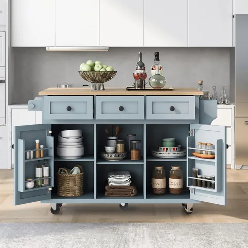 Vista 110 de P PURLOVE Carrito de isla de cocina con parte superior de madera y ruedas de bloqueo, carrito móvil de isla de cocina con armario de 4 puertas