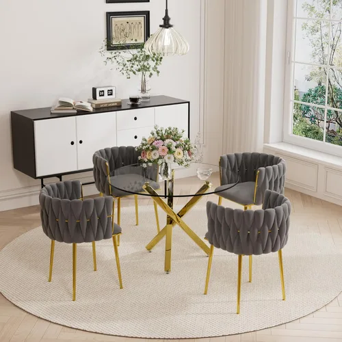 Vista 11 de Juego de mesa de comedor de cristal redondo dorado de 5 piezas, 39 pulgadas con tapa de cristal transparente para 4, mesa de cocina circular de lujo