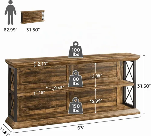 Vista 7 de Mesa de consola larga de 63 pulgadas con 3 niveles de almacenamiento para entrada, mesa de sofá de madera detrás del sofá para pasillo de sala