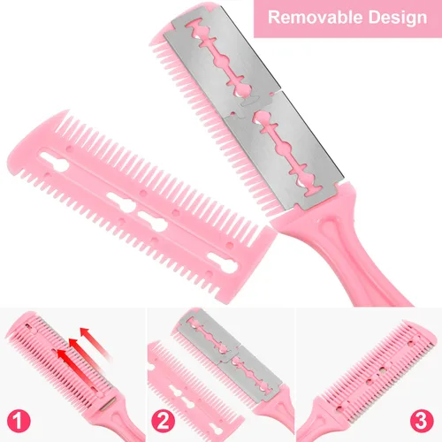 Vista 4 de Maitys 3 Piezas Peine Navaja de Corte de Cabello Peine de Corte de Cabello con 12 Cuchillas de Repuesto Moldeador de Doble Filo para Salón y Hogar