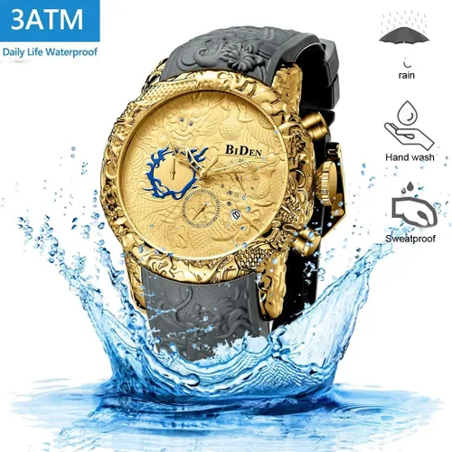 Vista 7 de Reloj cronógrafo de cuarzo analógico con fecha, resistente al agua, reloj de cuarzo 3D, diseño de dragón, correa de goma para hombre