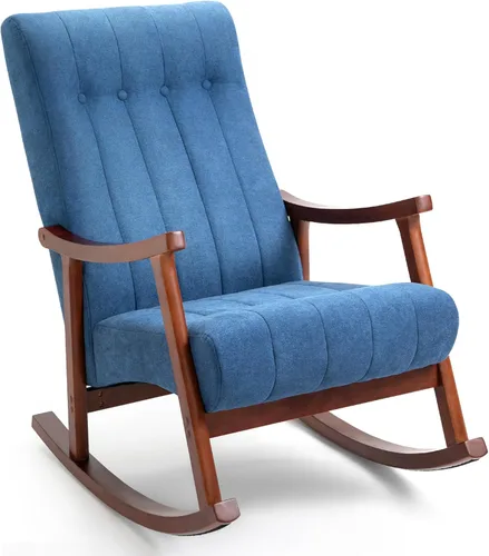 Vista 9 de AVAWING Silla mecedora tapizada con asiento acolchado de tela, cómoda balancín de madera maciza para sala de estar, silla moderna de respaldo alto
