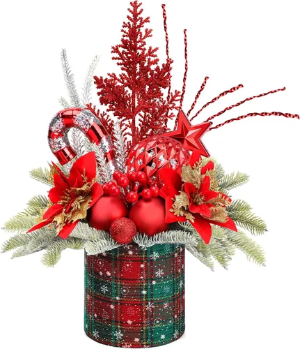 Vista 9 de Pequeño árbol de Navidad de mesa artificial, mini decoraciones de árbol de Navidad con adornos navideños, bayas rojas, piñas, vegetación para hogar