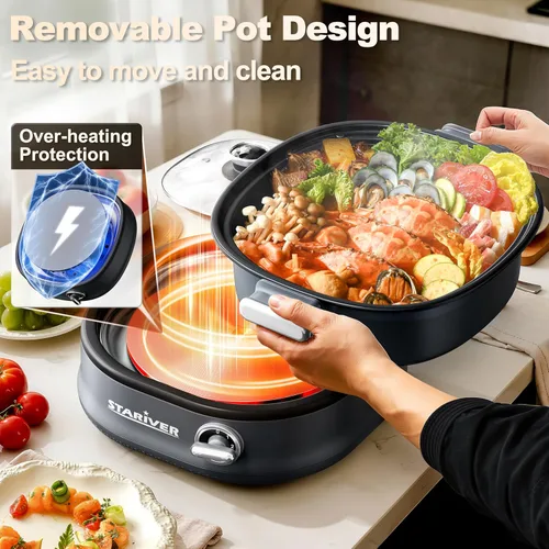 Vista 3 de Stariver Olla eléctrica antiadherente de 3 litros con control de doble potencia, olla eléctrica Shabu Shabu con olla extraíble, olla eléctrica