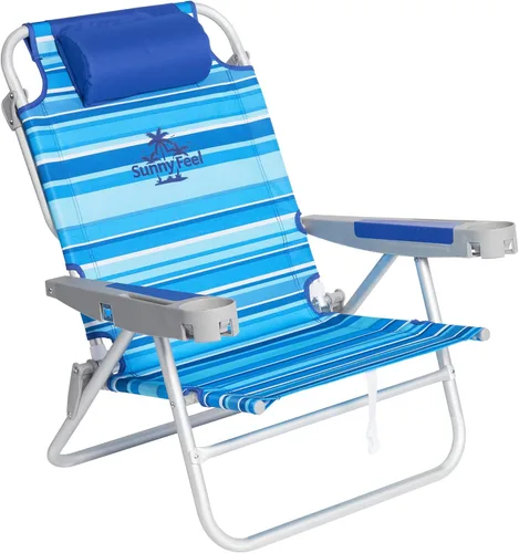 Vista 19 de SUNNYFEEL Silla de Playa Baja de 5 Posiciones Completamente Reclinable, Sillas de Playa Plegables Portátiles Tipo Mochila Resistentes con Bolsa
