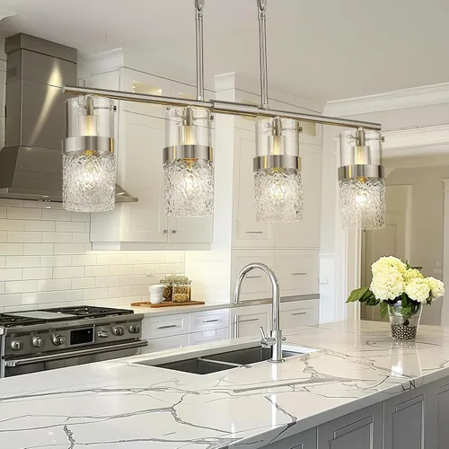 Vista 25 de LMS Lámpara colgante dorada, 1 luz colgante para isla de cocina con vidrio martillado, LMS-171 Oro - Vidrio martillado