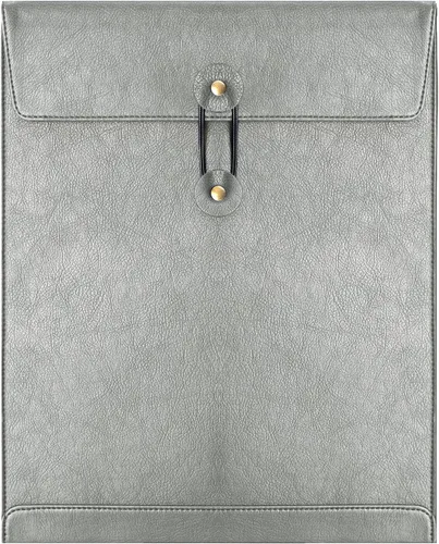 Vista 21 de Carpeta de archivos de piel sintética marrón para documentos, carpeta de documentos importantes con lazo de cuerda, funda para portátil estuche