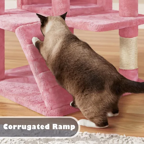 Vista 6 de Yaheetech Torre de árbol para gatos de 54 pulgadas, árbol de varios niveles para gatos de interior con postes rascadores, bolas colgantes, casa