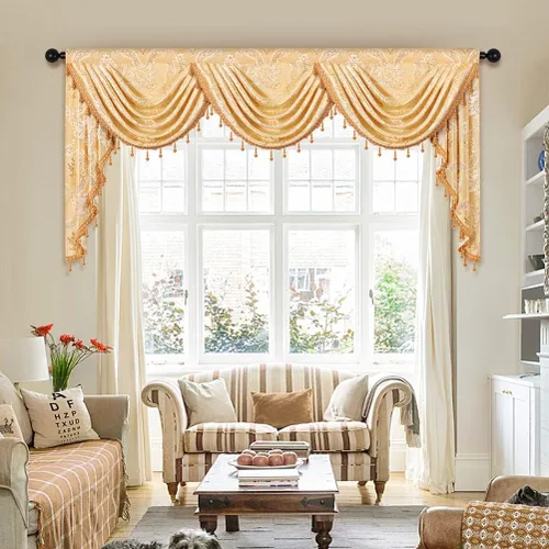 Vista 12 de ELKCA Cenefa de cascada de jacquard dorado de damasco para cocina, sala de estar, cenefa con bolsillo para barra para ventana pequeña, 39 pulgadas