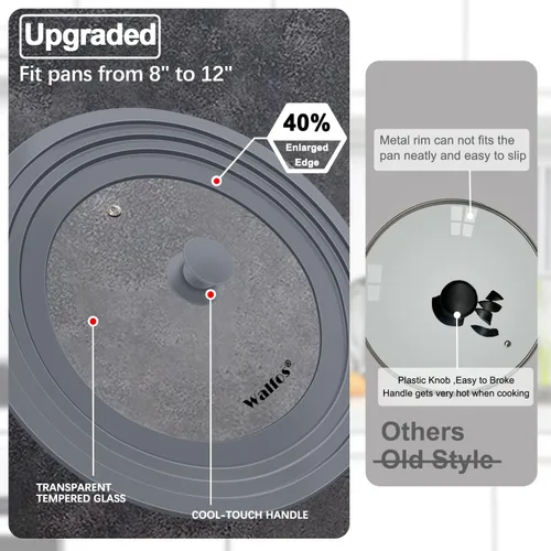 Vista 2 de Tapa Universal para Ollas, Sartenes y Cacerolas - Walfos Tapa de Vaso de Vidrio Templado con Borde de Silicona Resistente al Calor, Libre de BPA