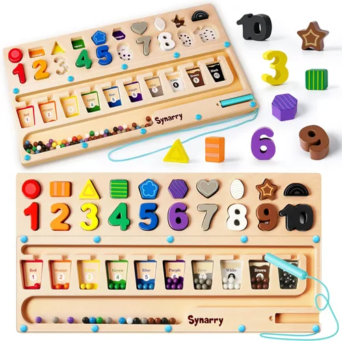SYNARRY Juguetes Montessori 3 en 1 para niños de más de 3 años, laberinto educativo magnético de color y número, forma y número, rompecabezas de