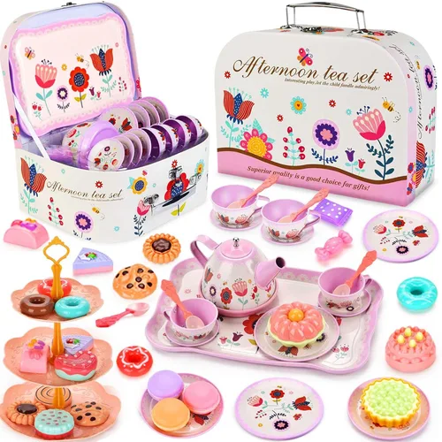 Vista 11 de Lajeje Juego de fiesta de té para niñas – Regalo de cumpleaños de princesa pequeña, juguetes de conejito para la hora del té con tetera, postres