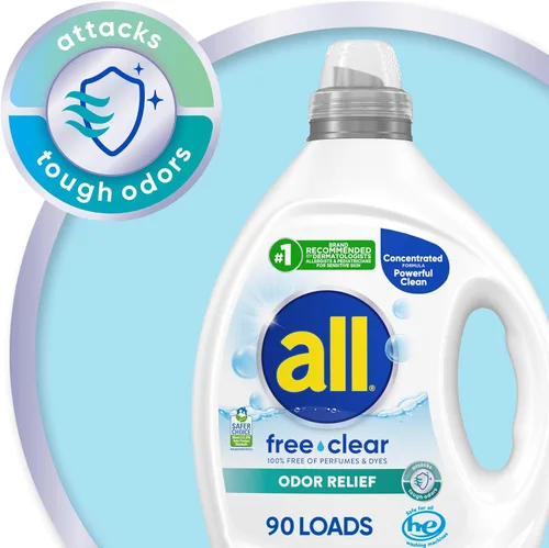 Vista 2 de Detergente líquido para ropa all, Free Clear para piel sensible, alivio del olor, sin fragancia e hipoalergénico, 2X concentrado, 90 cargas
