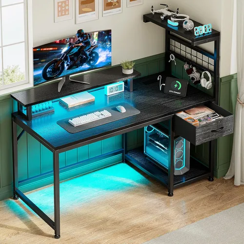 Vista 14 de EnHomee Escritorio para juegos de 40 pulgadas con tomas de corriente y luces LED, escritorio para computadora con cajón y estante de almacenamiento