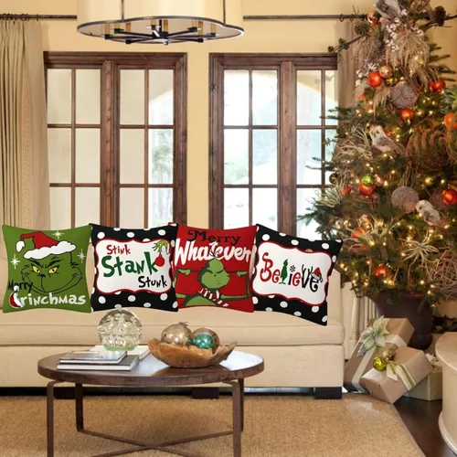 Vista 2 de Juego de 4 fundas de almohada navideñas de 18 x 18 pulgadas, decoración navideña, fundas de almohada de Navidad, para el hogar, dormitorio, sofá (C)