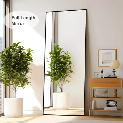 Vista 2 de self Espejo de pie de longitud completa de 65 x 22 pulgadas, marco de aleación de aluminio de metal con soporte de pie, colgado o apoyado contra