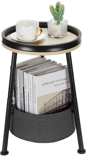Vista 12 de LEMONDA Mesa auxiliar redonda pequeña con cesta de almacenamiento, mesa auxiliar compacta de 11.8 pulgadas con bandeja superior y contenedor