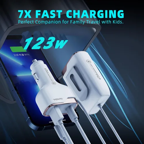 Vista 2 de Cargador de coche USB-C de 6 puertos, 123 W rápido, PD 45 W compatible con iPhone16/Galaxy/Samsung S24, adaptador de encendedor de cigarrillos