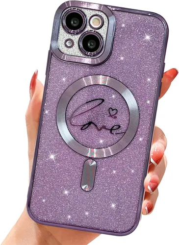 Vista 20 de Funda magnética transparente con purpurina para iPhone 14, compatible con Magsafe, diseño de corazón de amor, chapado de lujo, protector completo
