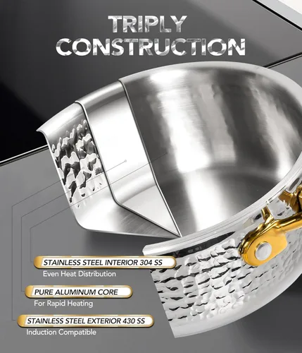 Vista 4 de Michelangelo Triply - Juego de cacerolas de acero inoxidable martillado de lujo con mango dorado, juego de ollas de alta calidad, compatible