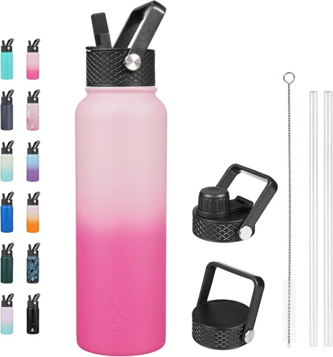 Vista 8 de BJPKPK - Botellas de agua aisladas con tapa de popote, botella de agua de acero inoxidable de 27 onzas con 3 tapas, termo de metal libre de BPA a