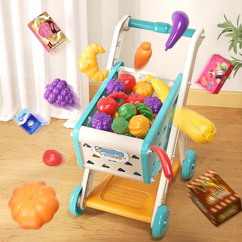 Vista 7 de Jovow Set de Juguetes de Carrito de Compras de 102 Piezas para Niños con Comida y Accesorios de Simulación, Perfecto para Edades de 3+