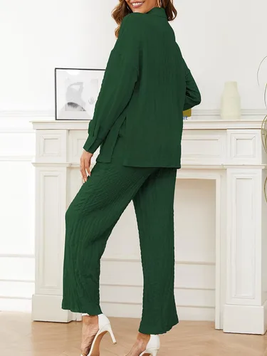 Vista 5 de Conjunto de pantalones para mujer, 2 piezas, casual, de manga larga, con botones, ropa de descanso