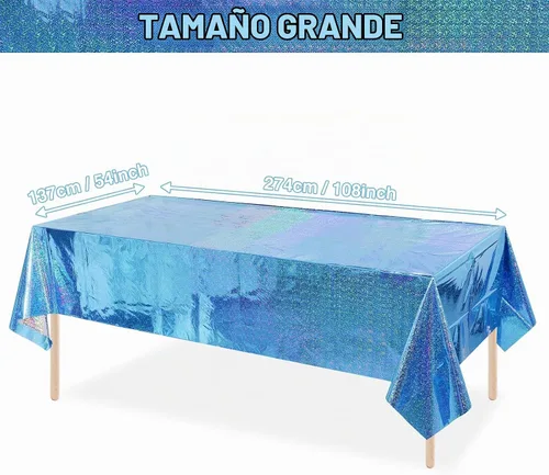 Vista 2 de Paquete de 4 manteles de plástico iridiscente brillantes desechables láser rectangulares, cubiertas de mesa, mantel de papel holográfico Azul