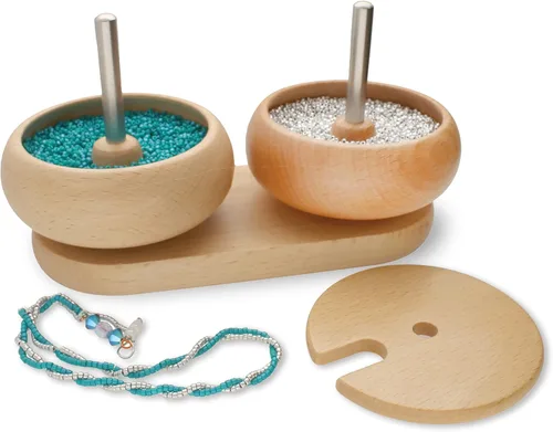 Vista 2 de The Beadsmith Spin & String Duo - Incluye 1 base, 2 cuencos de madera, 1 tapa de madera y 2 agujas giratorias, cuentas de semillas de cadena rápida