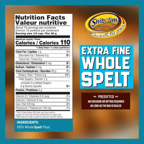 Vista 2 de Shibolim Harina de espelta entera extrafina, 80 onzas (bolsa de 5 libras) Harina triple tamizada 100% grano entero Certificado Kosher